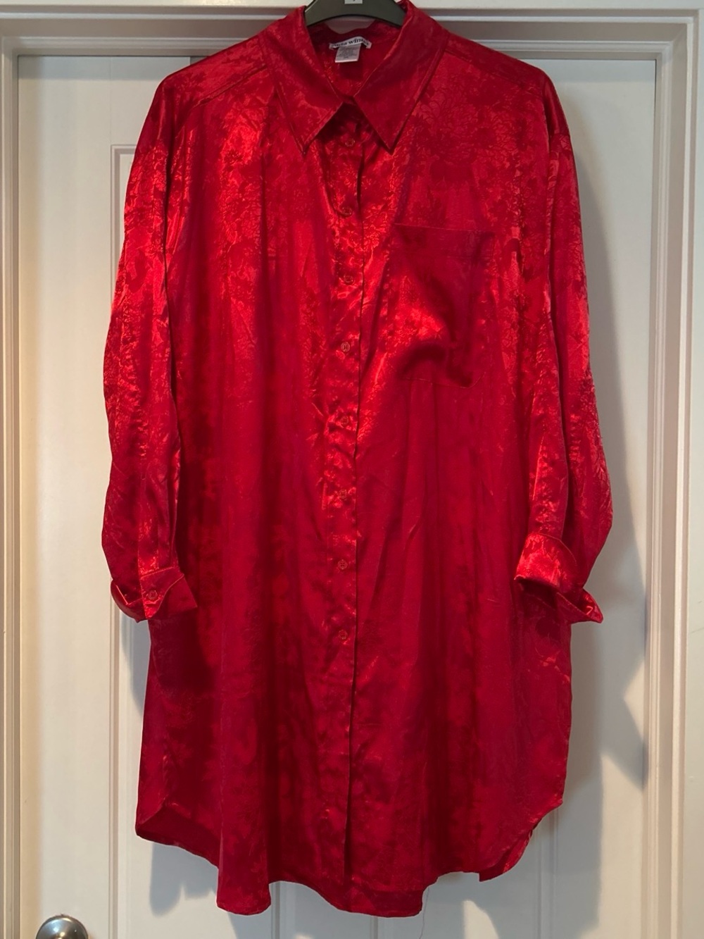 Red Satin Oversized Button-Front Blouse